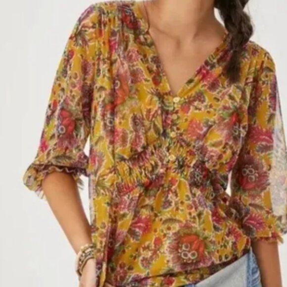 Anthropologie Gretchen Romantic Floral Smocked Blouse Top Size Small - Picture 1 of 4